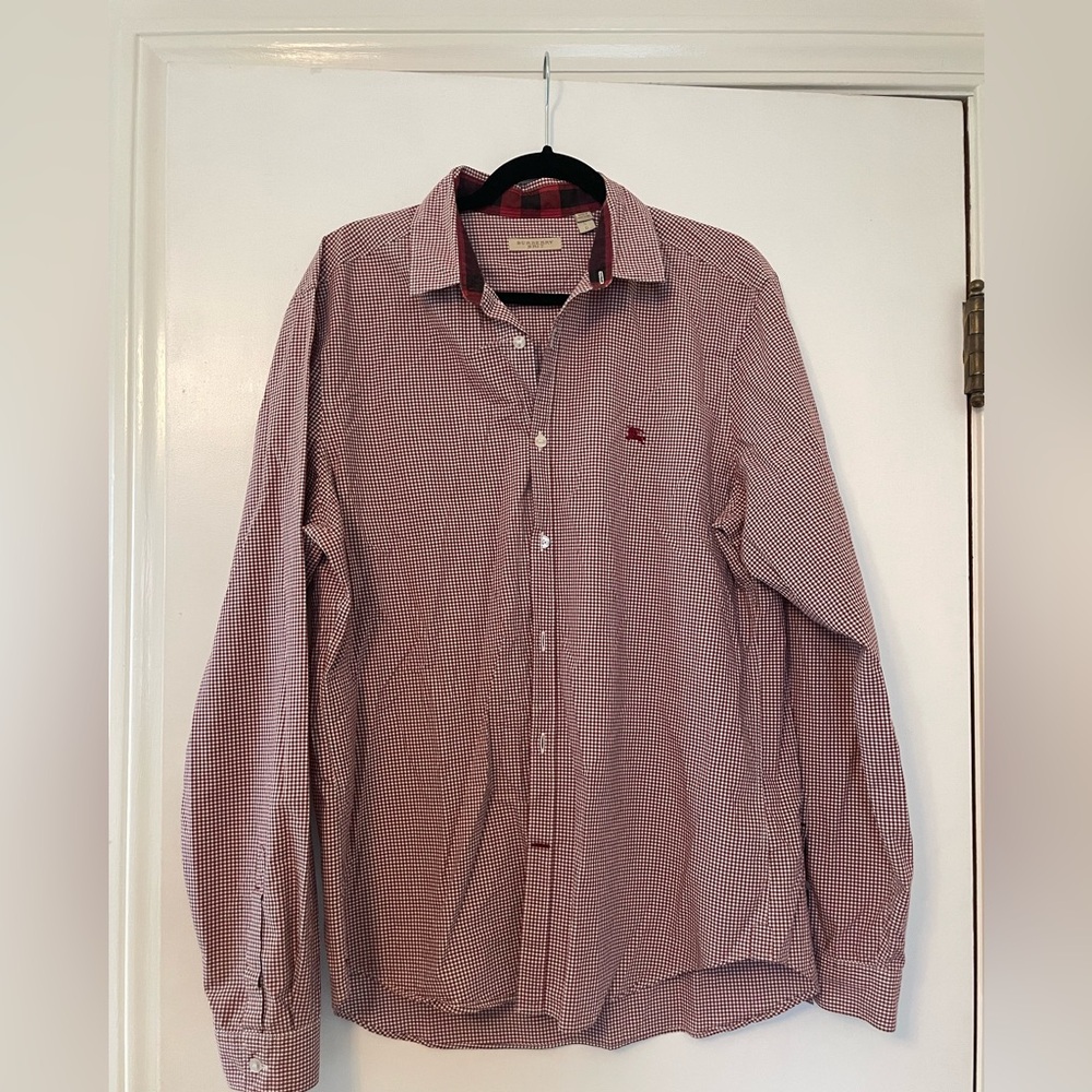 Burberry Red and White Checkered Button Down Shirt